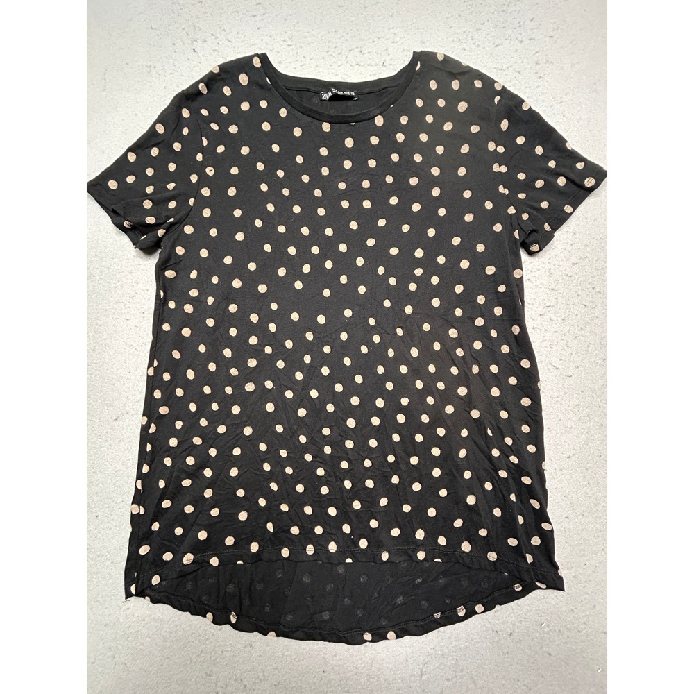 Zara T-Shirt 100% Cotton Polka Dot Black Tan Size Medium Womens